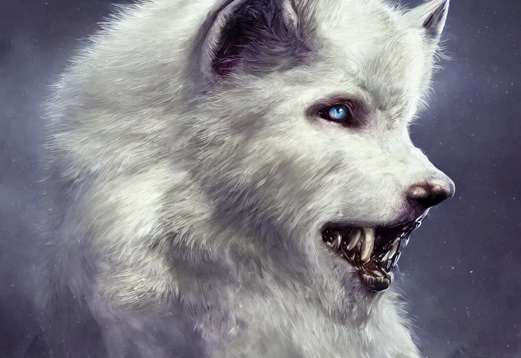 Image similar to a man morphing into a white wolf, artstation, high detail, colorful lighting