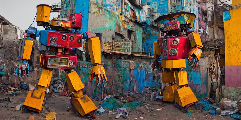 Image similar to colourful giant mecha ROBOT of AJEGUNLE SLUMS in Lagos, markings on robot, neon lights, Golden Hour,