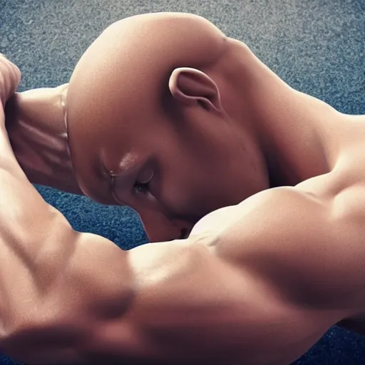 Image similar to a realistic detailed photo of a guy who is an attractive humanoid who is half robot and half humanoid, who is a male android, attractive and handsome jogger, shiny skin, posing like a statue, blank stare, laying down, on display, showing off his muscles, wearing gym shorts, side view, looking at each other mindlessly