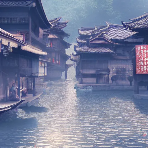 Image similar to old asian village, early sunlight, contrast shadows, mist, fog, water ripples, detailed, photorealistic, artstation, atmospheric, ambient