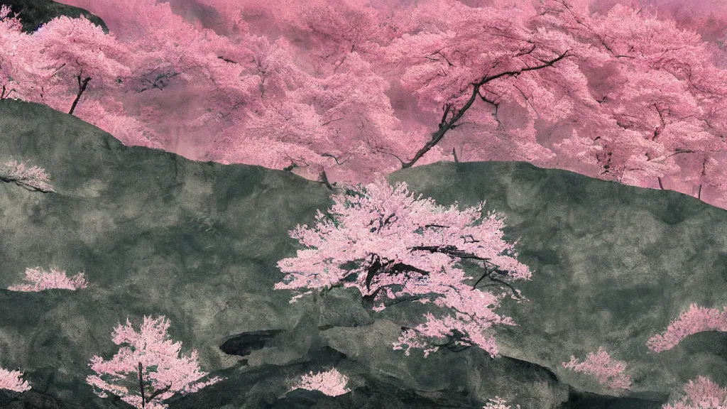 Image similar to a mountainside landscape with sakura trees, japan, a collage painting, in the style of wes anderson, lola dupre, david hockney, isolated on negative white space background dark monochrome neon spraypaint accents volumetric octane render