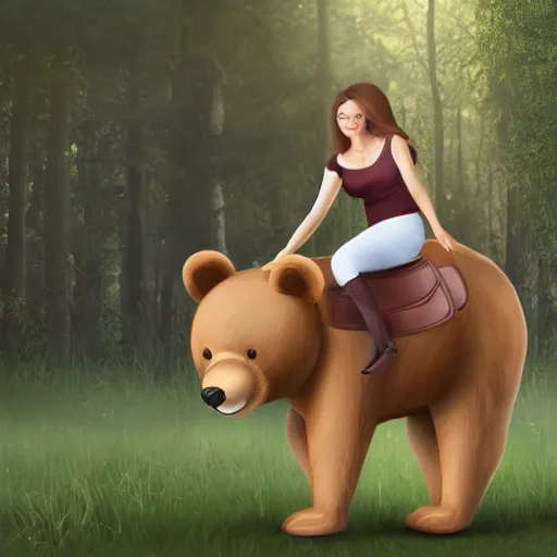 Prompt: realistic girl riding a bear in the wood