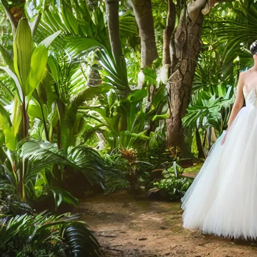 Prompt: A beautiful portrait of a chimpanzee in a white wedding dress in a tropical garden, photorealistic, soft focus