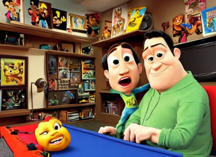 Image similar to pixar animation homeboys are buddies in a disney animation mancave