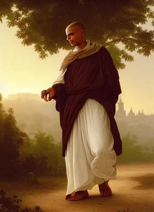 Image similar to oil painting portrait of a handsome young tonsured dominican monk in a white and brown habit, striding dancing through a flourishing garden at sunset with a monastery in the background, hazy, digital art, chiaroscuro, artstation, cinematic, golden hour, digital art painting by greg rutkowski, william - adolphe bouguereau, hazy atmosphere, flowers, cinematic lighting