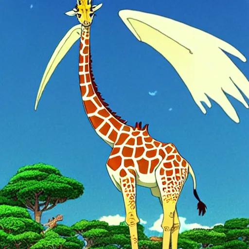 Image similar to giraffe with big blue feathered dragon wings on its back, full body shot, by studio ghibli