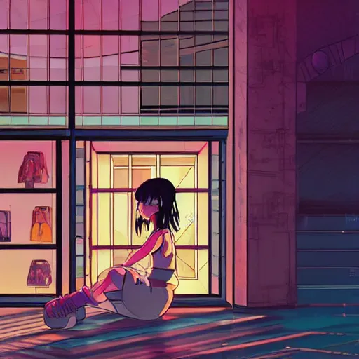 Image similar to cyberpunk girl sitting inside an empty store being looked at through the window in the style of studio ghibli, soft anime illustration, dark neon colors, soft ambience, zoomed in, backlit, lots of details