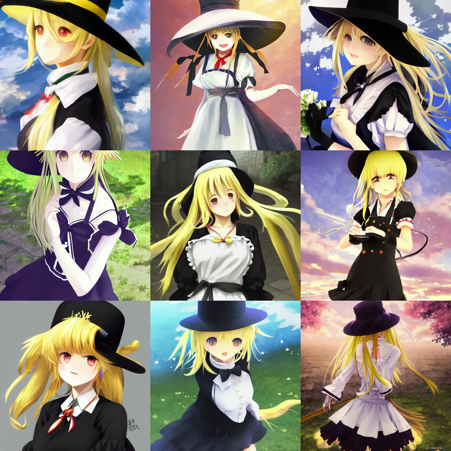 Prompt: pixiv artwork portrait of marisa kirisame from touhou project, marisa kirisame touhou artwork black black hat hat broom blonde hair finely detailed yellow eyes maid dress white apron by greg rutkowski makoto shinkai key art studio ghibli kyoto animation 4 k 8 k ultrahd trending award winning