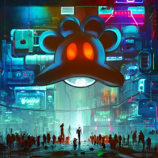 Prompt: a group of people standing around a giant one eyed mickey mouse, cyberpunk art by david lachapelle, cgsociety, sots art, dystopian art by industrial light and magic, concept art, neons, interior, in the style of beeple