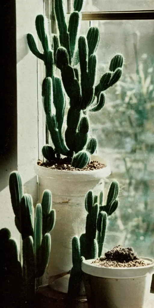 Image similar to 1980s magazine photo of potted cactus and smoke next to a window with dappled natural light