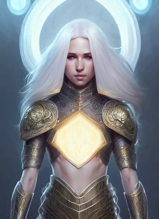 Prompt: light opal armor!!! long wild white hair!! covered chest!!! fantasy, d & d, intricate ornate details, digital painting, pretty face!!, symmetry, concept art, sharp focus, illustration, art by artgerm! greg rutkowski magali villeneuve wlop! ilya kuvshinov!!, octane render