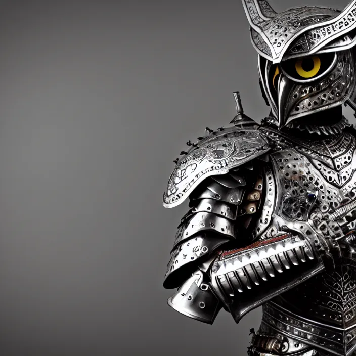 Image similar to full length photo of a warrior with metal owl themed armour, highly detailed, 4 k, hdr, smooth, sharp focus, high resolution, award - winning photo