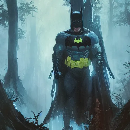 Prompt: batman with glowing white eyes, in a fantasy forest, by greg rutkowski and frank frazetta, intricate, artstation, vibrant, cinematic