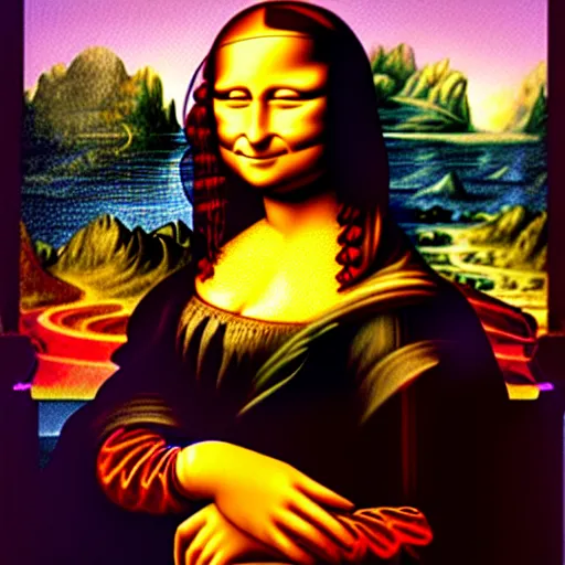 Prompt: Mona Lisa painted in the style of Lisa Frank