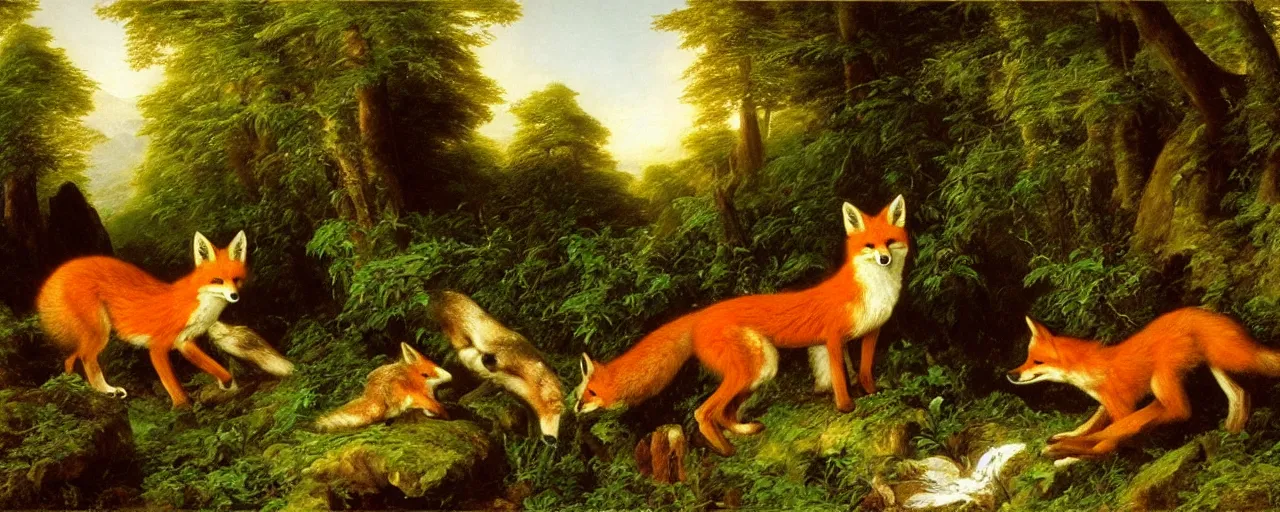 Image similar to foxes in the forest, by thomas cole