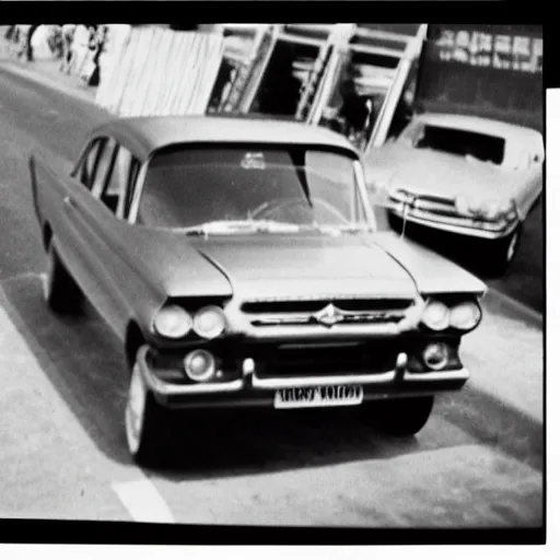 Image similar to 1960s press archive of middle-aged Kim Jong-il coming out of a car, face obscured, Reuters, 35mm film, film grain, mysterious exterior, underexposed