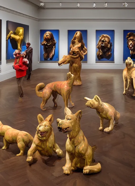 Prompt: a museum room with sculptures of velvet dogs made by koons