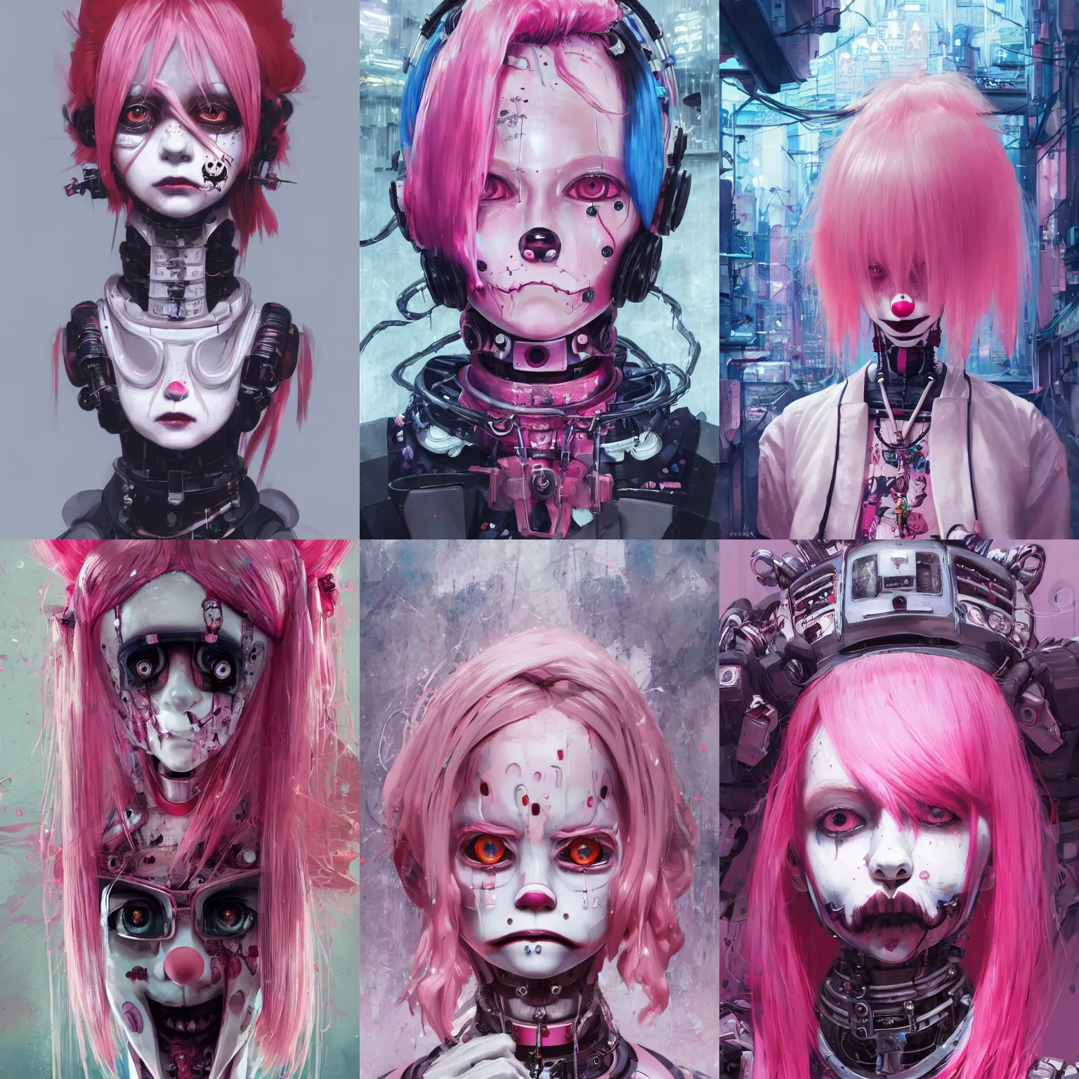 Prompt: by kyoto animation, very creepy clown robot girl pink hair, tears from the eyes, wearing cyberpunk intricate streetwear, beautiful, detailed portrait, intricate complexity, ilya kuvshinov, cell shaded, 4 k, concept art, by wlop, ilya kuvshinov, greg rutkowski, sharp focus, volumetric lighting, cinematic lighting