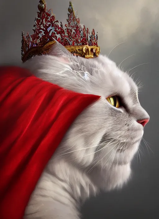 Prompt: side profile of a ragdoll cat king wearing a crown and red cape, fantasy, digital painting, volumetric light, intricate, sharp, focus, bloom, illustration, highly detailed, concept art, matte, ruan jia, randy vargas, greg rutkowski