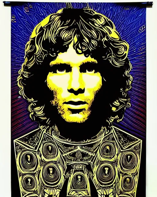 Image similar to portrait of jim morrison psychedelic blacklight poster, intricate, mushrooms, trees, by shepard fairey