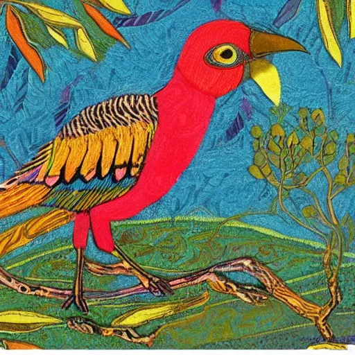 Image similar to A beautiful experimental art of a bird in its natural habitat. The bird is shown in great detail, with its colorful plumage and intricate patterns. The background is a simple but detailed landscape, with trees, bushes, and a river. Labyrinth Pan's by ROA, by Roman Vishniac doom