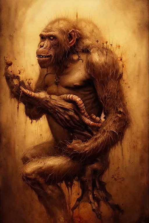 Prompt: ape demon | esoteric symbolism | jean - baptiste monge, esao andrews, bastien lecouffe - deharme, tim jacobus, ken currie | ultra - detailed realism, soft cinematic lighting, hi - fructose, artstation, high - quality, ink watercolors wes anderson poster art