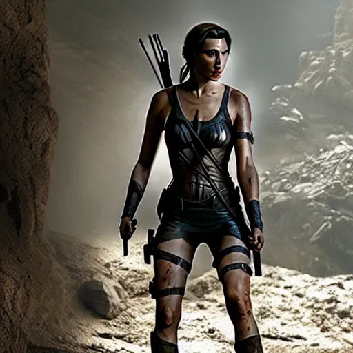 Image similar to film still of gal gadot as tomb raider, realistic, cinematic