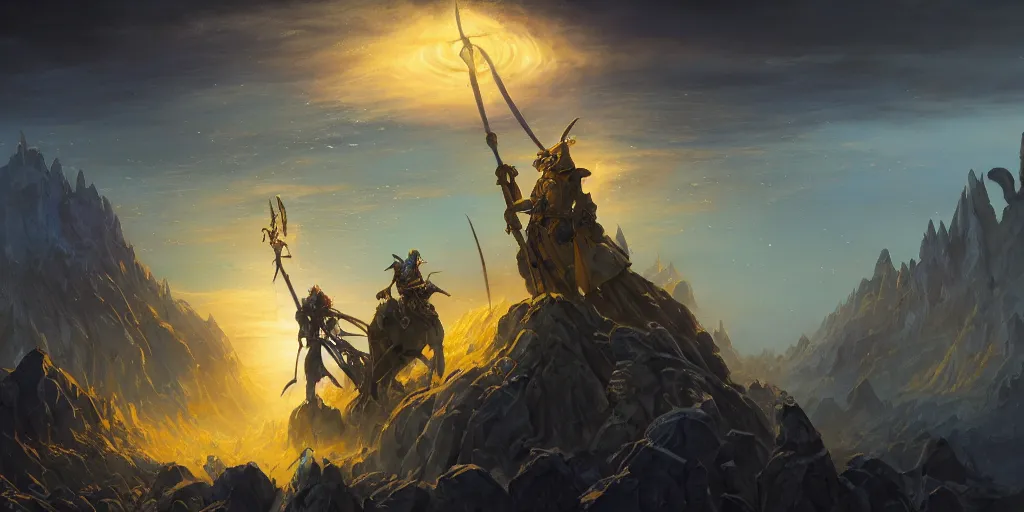 Prompt: Ukrainian elves with a blue and yellow flag of the power of good and the light of heaven from above win the battle over darkness and evil, orcs from Mordor from the depths of the earth and hell extremely detailed oil painting, unreal 5 render, rhads, Bruce Pennington, Studio Ghibli, tim hildebrandt, digital art, octane render, beautiful composition, trending on artstation, award-winning photograph, masterpiece