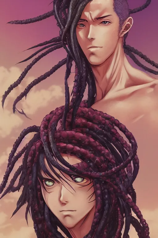 Image similar to portrait of an anime manga guy with snake dreads, straight on, by artgerm, james jean, tom bagshaw, gerald brom, vaporwave colors, lofi colors, vaporwave, lofi, goth vibe, 4 k, smooth, hd, substance designer render, full body character concept art, symmetrical, 2 point lighting,