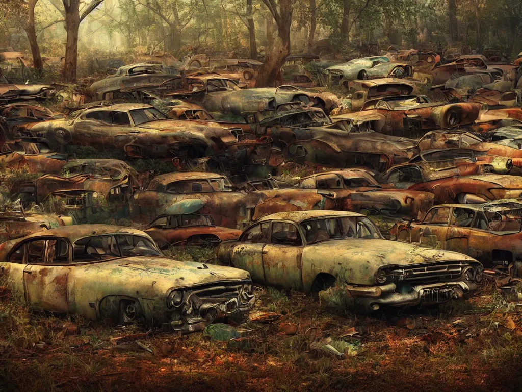 Image similar to an abandoned junkyard in a forrest full of rusty dream cars from the fifties by raymond swanland, 1 6 mm wideangle lens, volumetric lighting, octane render, artstation