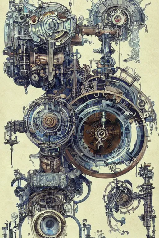 Prompt: a full page concept designs of a robotic device, steampunk blueprint, intricate details, ink on paper, scientific, Highly detailed labeled, poster, peter mohrbacher