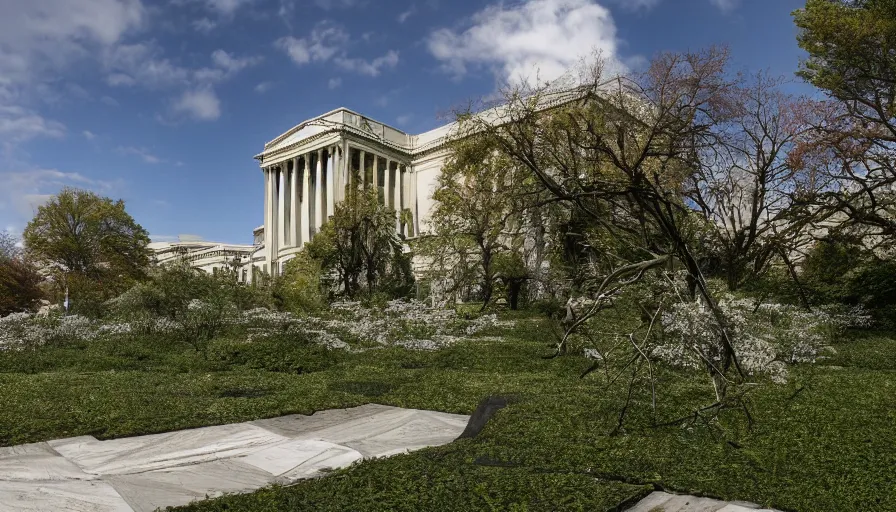 Image similar to collapses national portrait gallery in washington dc covered by vegetation, sunny day, hyperdetailed, artstation, cgsociety, 8 k