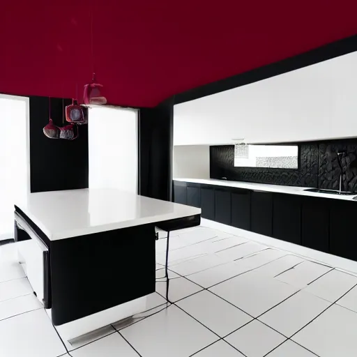 Image similar to photo of black, matte kitchen fronts surfaces and furniture, dark red walls at the back, white floor tiles on the ground, white ceiling, architecture, concept art