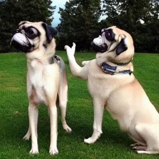 Prompt: pug dog and borzoi dog swap noses, funny dog photo, beautiful, strange