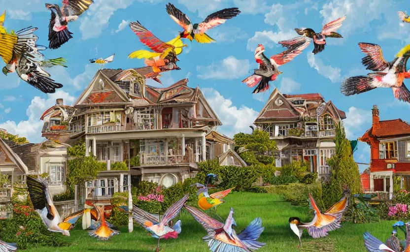 Prompt: hyperdetailed house, seen from the distance. maximalist paper birds flying. with unexpected interesting elaborate fabric elements. 8 x 1 6 k hd mixed media 3 d collage in the style of a childrenbook illustration in soft natural tones. matte background no frame hd