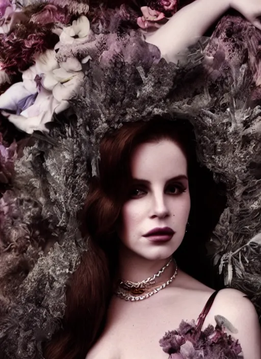 Image similar to lana del rey styled by nick knight, vogue magazine, annie leibovitz, highly realistic. high resolution. highly detailed. dramatic. 8 k. 4 k.