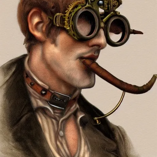 Prompt: ! steampunk!!! satyr!!, side profile portrait, three horns, goggles, smoking a cigar, auburn, digital painting by hiroshi yoshida, trending on artstation