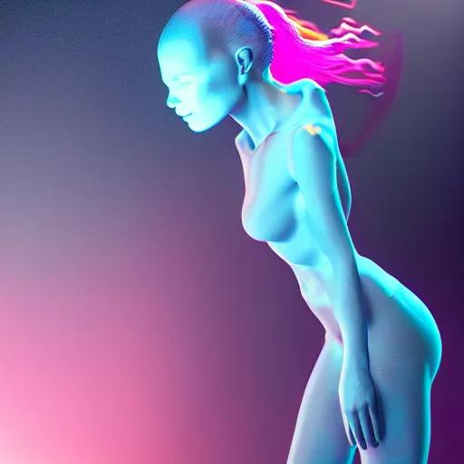 Image similar to born again christian tiktok influencer jumping and talking about how aliens are real only if you eat crayons because they see the phosphorescence in your boddy, in the style of james jean, artstation trending, 8 k, 3 d render, photorealistic, volumetric lighting caustics, pink