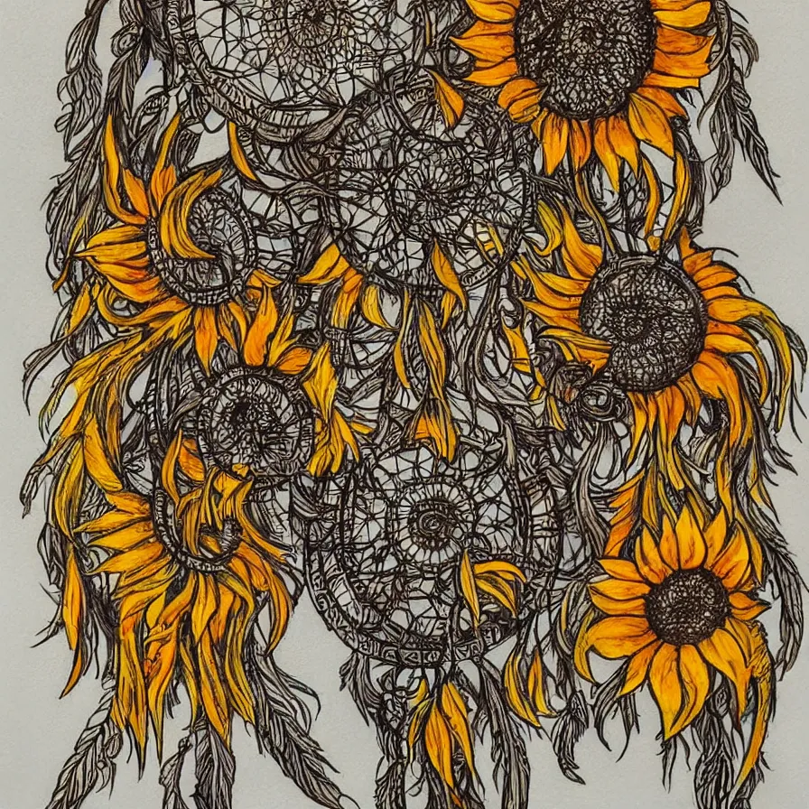 Prompt: Sunflowers dreamcatchers embedded into one another and burning with smoke and flames. Artwork with strong tribal influences.