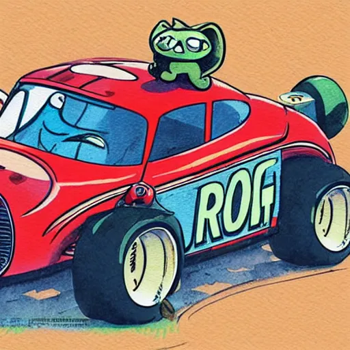 Image similar to funny, comic book style, racoon riding in a tiny hot rod coupe with oversized engine, ratfink style by ed roth, centered award winning watercolor pen illustration, by chihiro iwasaki, edited by range murata