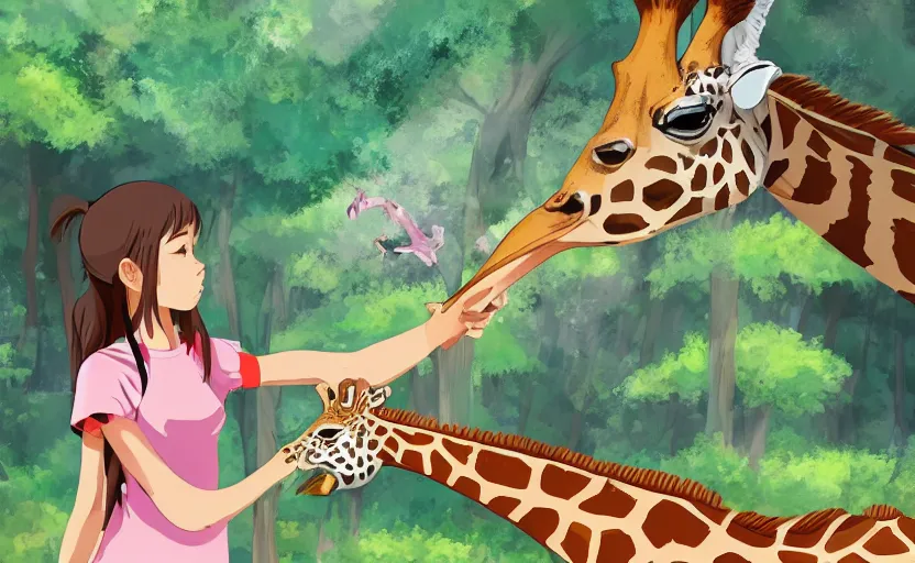 Image similar to a girl spending her day at the zoo, feeding a giraffe, a Studio Ghibli style scene, digital art, 4k