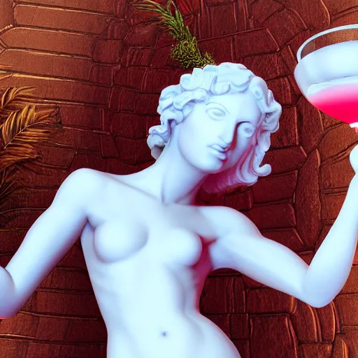 Prompt: close - up of white reneissance statue holding a coctail, colorful coctail, digital painting, 3 d render, above the waist