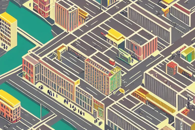 Image similar to highly detailed isometric illustration of a city scape by Wes Anderson, hyperrealistic, photorealistic, artstyle, highly detailed, sharp