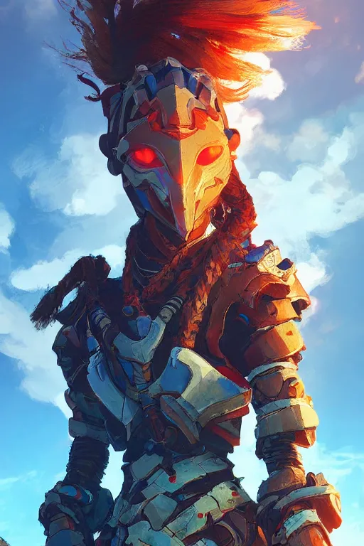 Image similar to combination suit armor aloy horizon forbidden west horizon zero dawn radiating a glowing aura global illumination ray tracing hdr fanart arstation by ian pesty and alena aenami artworks in 4 k tribal robot ninja mask helmet backpack