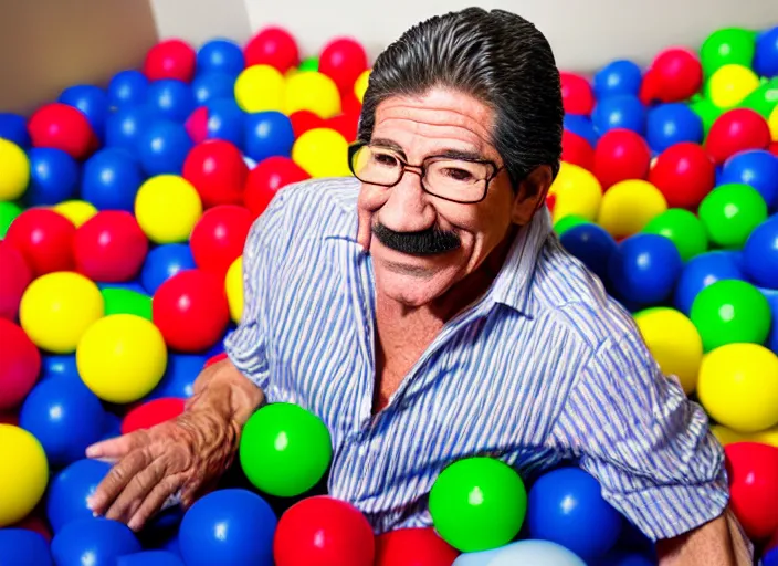 Image similar to photo still of geraldo rivera in a ball pit!!!!!!!! at age 6 6 years old 6 6 years of age!!!!!!!! hiding from parents, 8 k, 8 5 mm f 1. 8, studio lighting, rim light, right side key light