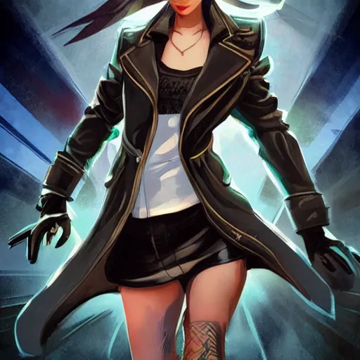Prompt: the cover illustration of an urban fantasy book written by Brandon Sanderson starring a sexy college woman wearing leather biker jacket, classic white button up, tartan mini skirt, surrounded by green and blue magical lightings overlays, high fantasy illustration, D&D style, sharp focus, by Artgerm, Greg Rutkowski and Rob Ross.