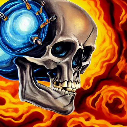 Prompt: a detailed portrait of a skeleton riding a nuke, blue eyes, art illustration, incredibly highly detailed and realistic, 8 k, sharp focus