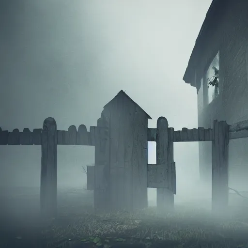 Prompt: a zombie at the gate of a decrepit house, night, misty, scary, spooky, dramatic lighting, moody, style of edgar allen poe, octane render