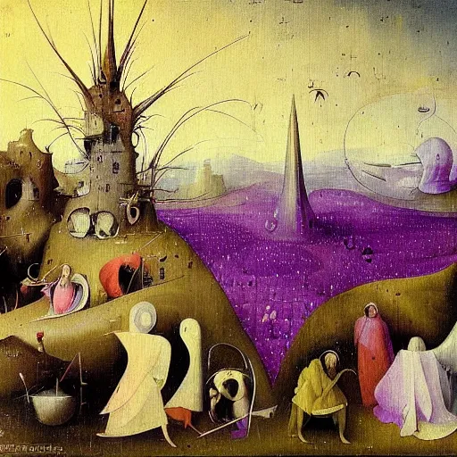 Image similar to ethereal, multi-dimensional landscape, lavender, detailed painting by Hieronymus Bosch