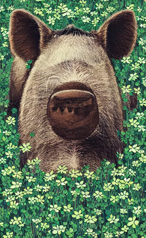 Image similar to by akio watanabe, manga art, a boar relaxing in a field of clovers, realistic animal anatomy, trading card front